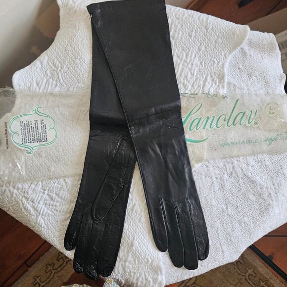 New, Vintage Woman's Lanolav Long Brown Silk Lined Evening Gloves, Sz 7.5 - Picture 1 of 4